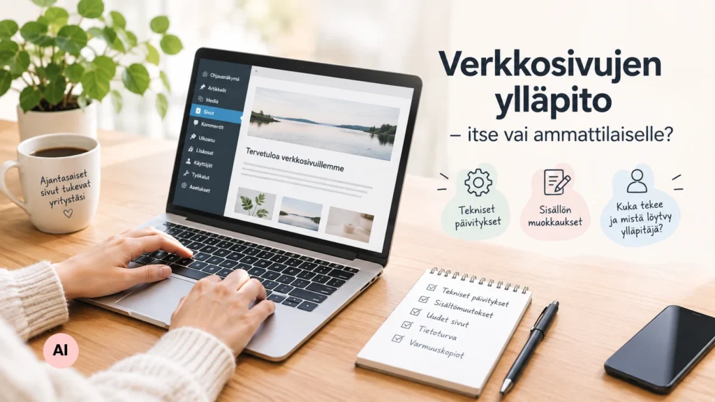 Verkkosivujen ylläpito työpöydällä. AI-kuvitus.